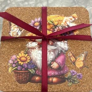 Whimsical Gnome Cork Coasters Set “Cute Gnomes